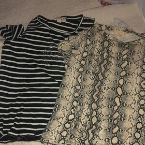 Michael Kors Girls Black & White Striped Tee with Beige Snake-Print Top Set
